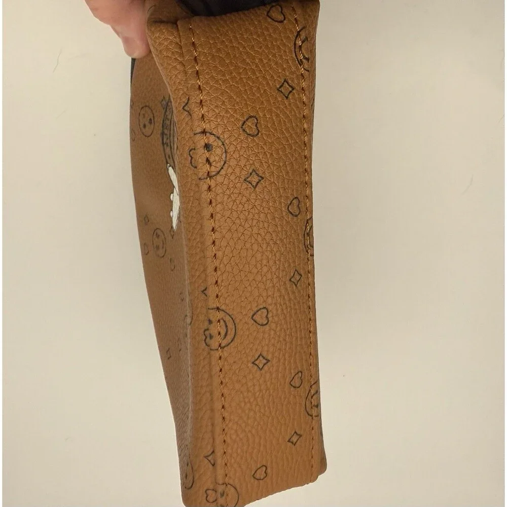 Travel Makeup Bag Brown Faux Leather Emoji Airplane Passport Pouch